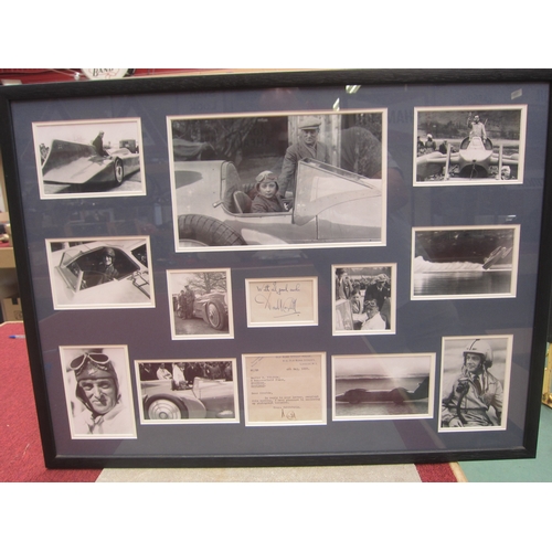 7065 - A framed and glazed collection of photographs of Donald and Malcom Campbell with a signed letter and... 