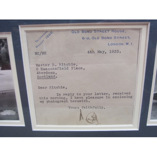 7065 - A framed and glazed collection of photographs of Donald and Malcom Campbell with a signed letter and... 