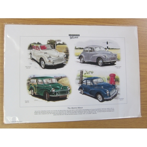 7071 - A framed and glazed 'Fifty Years 1948-1998' Morris Minor cards and an unframed print 'The Morris Min... 