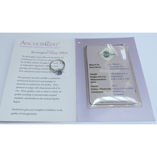 7075 - A platinum ring set with an oval AAA Tanzanite, 1ct. Size O, 3.4g. With Birmingham Assay Office Anch... 