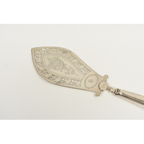 8048 - A Peter & Ann Bateman silver fish serving knife with pierced and engraved blade, monogram to cartouc... 