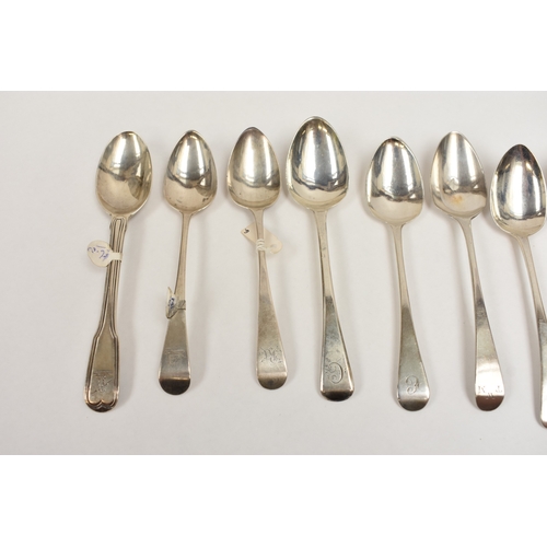 8053 - Twelve various Georgian silver teaspoons, all monogrammed and crested, 186.3g