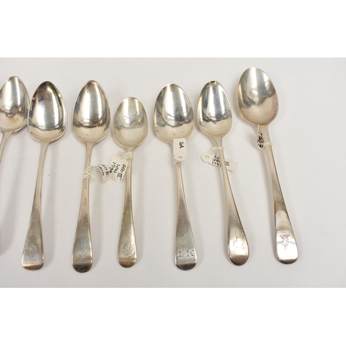 8053 - Twelve various Georgian silver teaspoons, all monogrammed and crested, 186.3g