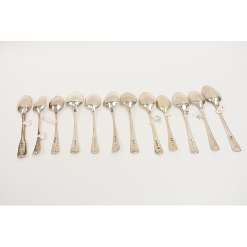 8053 - Twelve various Georgian silver teaspoons, all monogrammed and crested, 186.3g