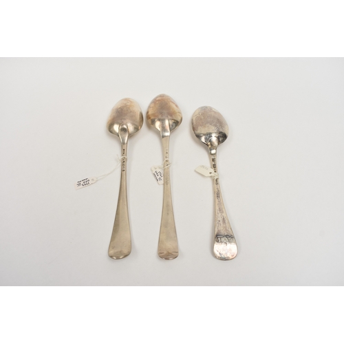 8055 - Three silver Georgian tablespoons, one with crest, worn, 192.4g
