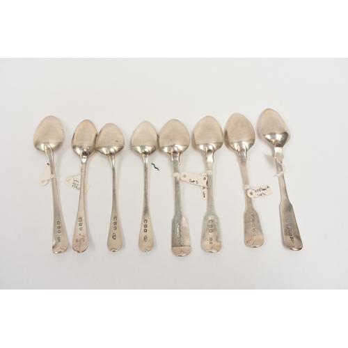 8058 - Eight various silver teaspoons, all with monogrammed handles including Georgian examples, 123.3g