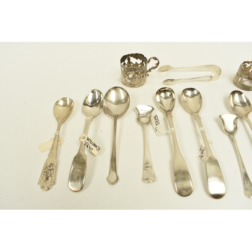 8057 - Various silver spoons including egg spoons and preserve spoons, silver sugar nips, two silver toddy ... 