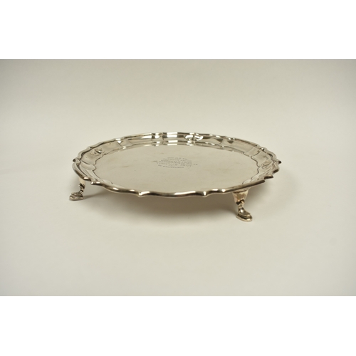 8029 - A silver Barker Brothers waiter, presented to Miss Stilwell, 18.5cm diameter, 233g