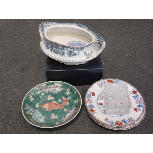 1658 - A Chinese fish plate with six character mark to base, famille verte, two Booths plates, tureen (no l... 
