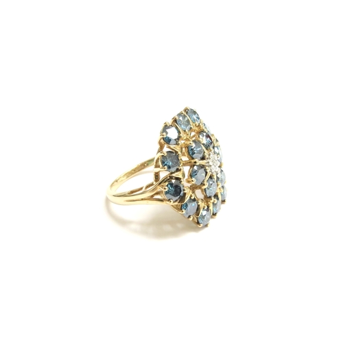 7272 - A 9ct gold blue and white diamond cluster ring. Size N/O, 5.1g