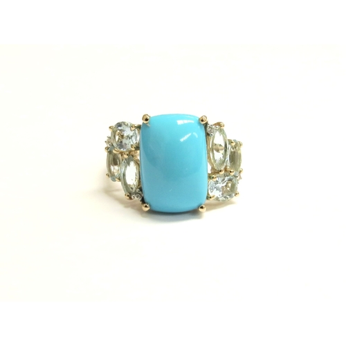 7297 - A 9ct gold sleeping beauty turquoise and Santa Maria aquamarine cluster ring. Size O, 3.5g