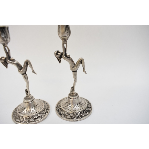 8016 - A pair of miniature female form candle holders stamped 800, 11cm tall
