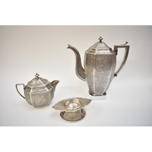 8014 - An Anglo Indian Kashmir silver ornate metal four piece tea set together with four similar spoons, pa... 