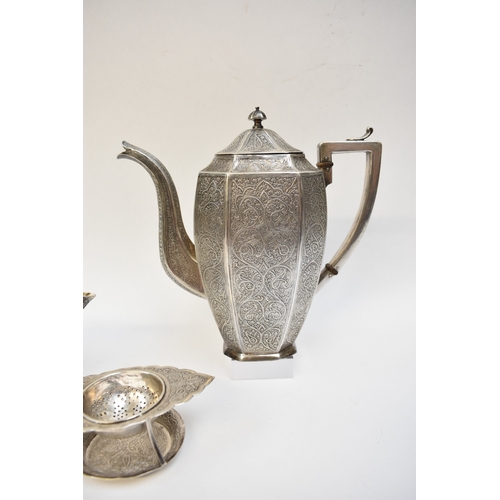 8014 - An Anglo Indian Kashmir silver ornate metal four piece tea set together with four similar spoons, pa... 