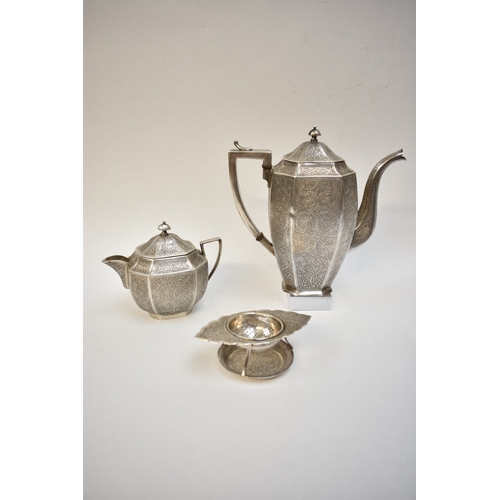 8014 - An Anglo Indian Kashmir silver ornate metal four piece tea set together with four similar spoons, pa... 