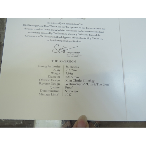 7367 - An East India Company London 'The 2024 William Wyon Una and the Lion' sovereign three gold proof coi... 