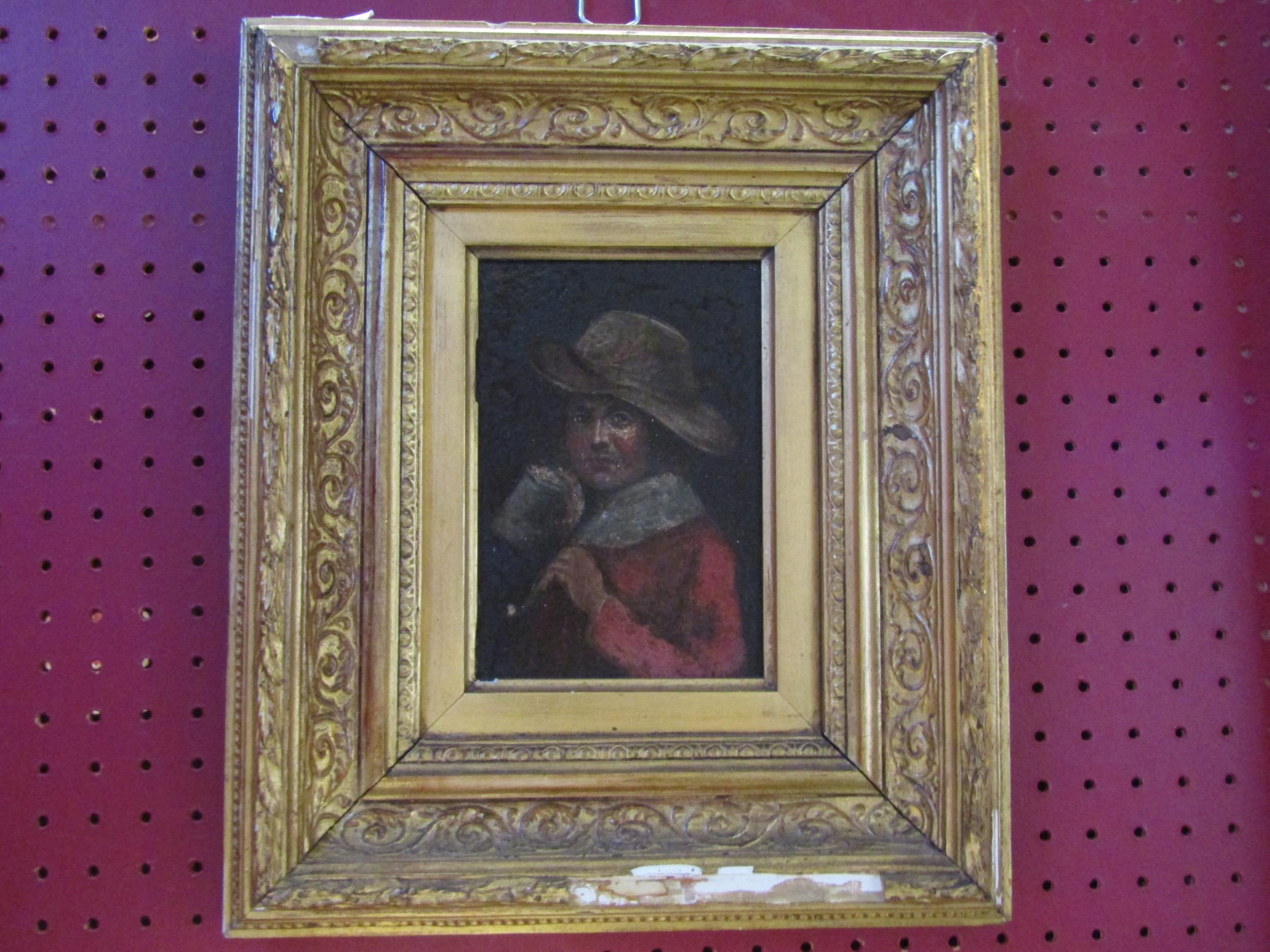 A 19th Century oil on wooden board of a man holding a tankard. Unsigned ...