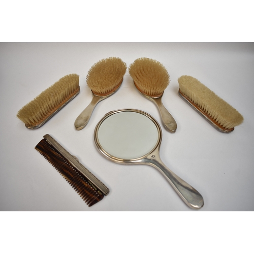 8031 - A cased Walker and Hall dressing table set, art deco purple guilloche design with silver rims, inclu... 