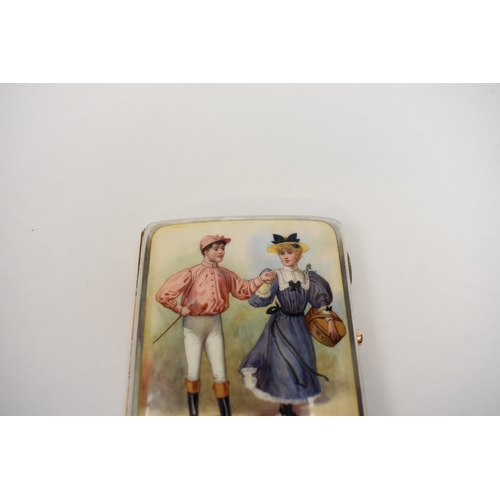 8045 - A Deakin & Francis silver and enamel pictorial cigarette case with image of Jockey and Lady in flowi... 