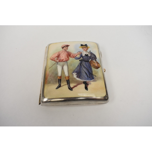 8045 - A Deakin & Francis silver and enamel pictorial cigarette case with image of Jockey and Lady in flowi... 