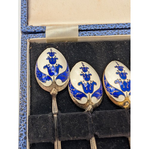 8047 - A set of six Turner and Simpson silver spoons with blue enamelled flower decoration to back of bowls... 