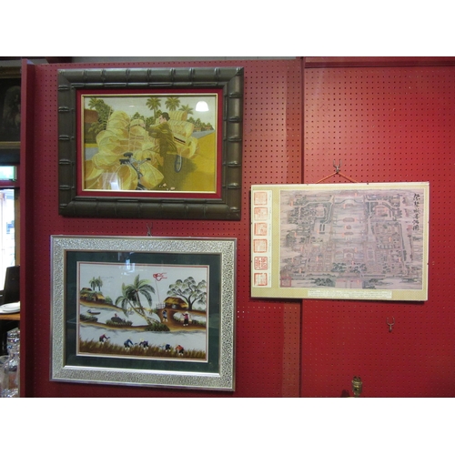 4064 - Two Oriental embroidered pictures, gent with baskets on bicycle and farm workers together another Or... 