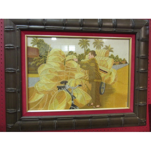 4064 - Two Oriental embroidered pictures, gent with baskets on bicycle and farm workers together another Or... 