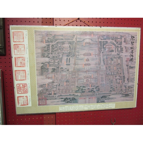 4064 - Two Oriental embroidered pictures, gent with baskets on bicycle and farm workers together another Or... 