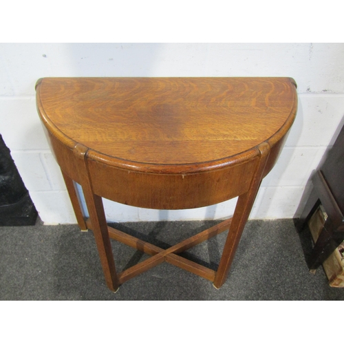 1016 - An Art Deco oak demi-lune console table, single concealed drawer, x-stretcher base, 76cm tall x 76cm... 