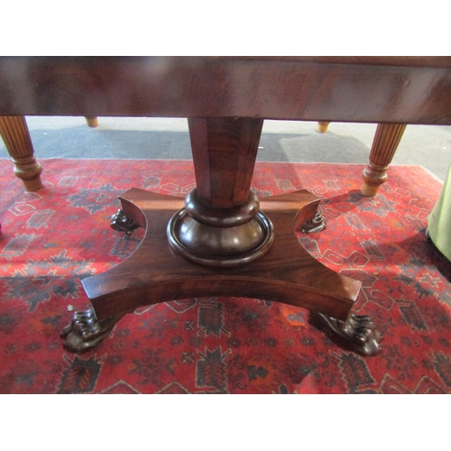 1018 - A Regency mahogany tilt-top pedestal table, quatreform base, lion pad feet on brass castors. 125cm l... 