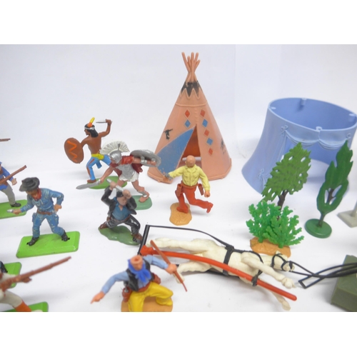 6056 - A collection of loose and playworn plastic figures, accessories and spares, predominantly Wild West ... 
