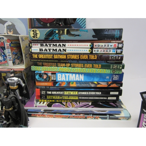 6019 - A collection of Batman memorabilia to include figures, clothing, DVDs and videos, Corgi Batmobile, e... 