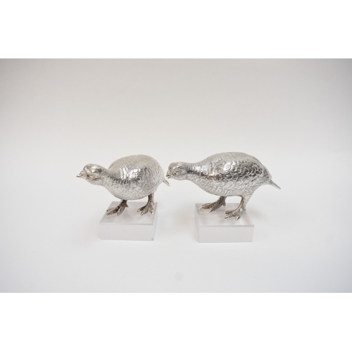 5036 - Two William Comyns & Sons Ltd silver partridges, London 1970.  6cm x 12cm and 5.5cm x 12.5cm.  390g