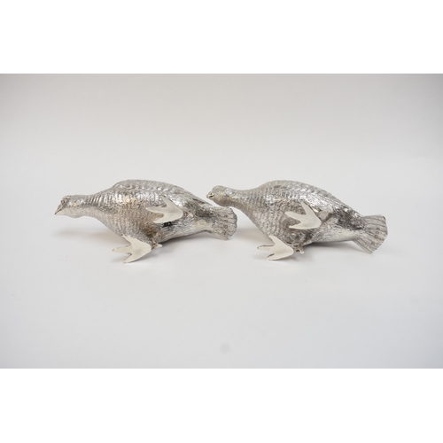 5036 - Two William Comyns & Sons Ltd silver partridges, London 1970.  6cm x 12cm and 5.5cm x 12.5cm.  390g