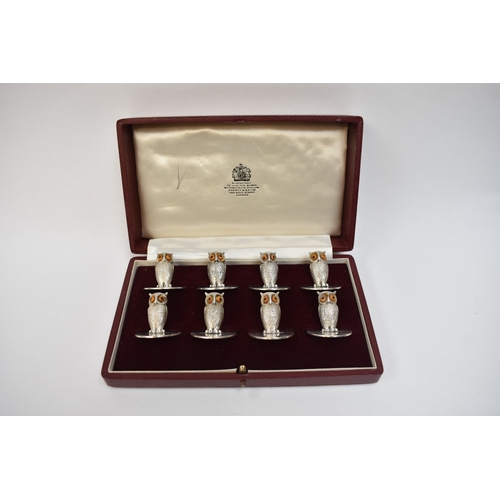 5029 - A set of eight Asprey of London silver owl menu/place setting holders, London 1969, 3.2cm tall, in A... 