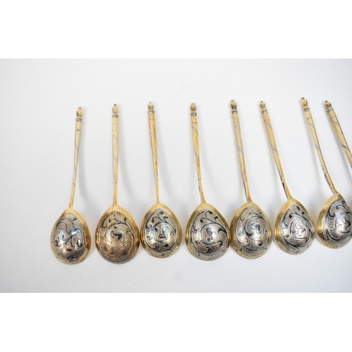 5079 - Twelve 19th Century Imperial Russian silver spoons with monogram to the interior of the bowl, niello... 