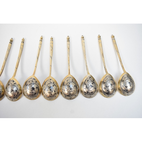 5079 - Twelve 19th Century Imperial Russian silver spoons with monogram to the interior of the bowl, niello... 