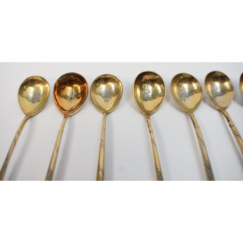 5079 - Twelve 19th Century Imperial Russian silver spoons with monogram to the interior of the bowl, niello... 