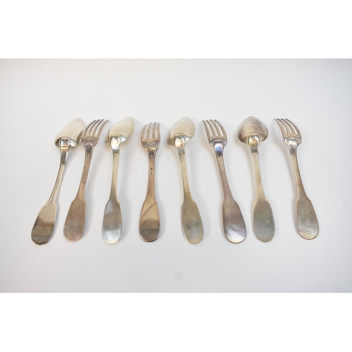5100 - Four French silver forks and four spoons, monogram to handle, 20.5cm and 21cm long.  585g