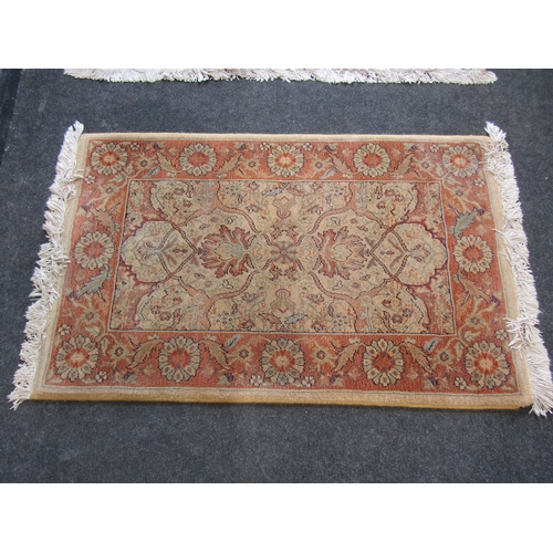 Two modern matching Belgian wool rugs, terracotta and beige ground with ...