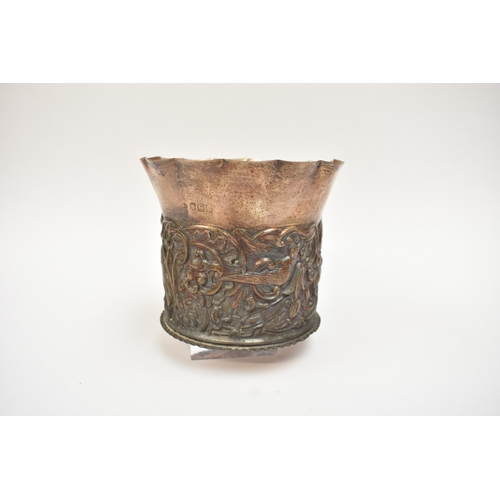 5052 - A William Comyns & Sons silver pot with frilled edge, slightly dented, the body embossed with birds ... 