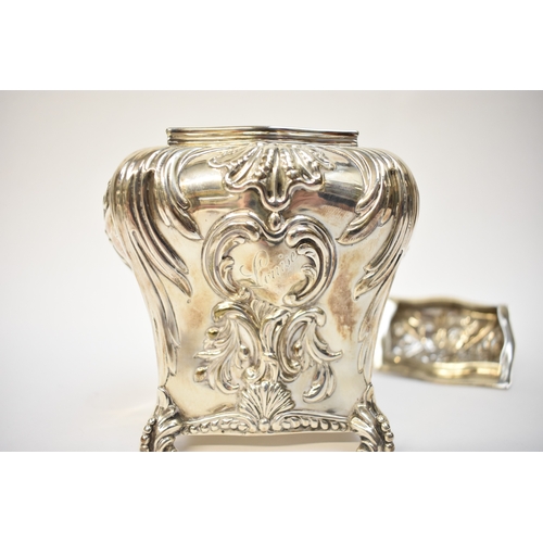 5080 - A George Fox Victorian silver tea canister, repoussé decoration of foliate swags over four scrolled ... 