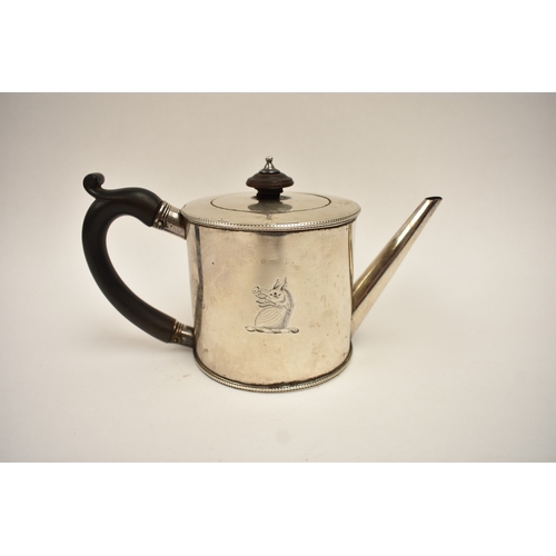 5013 - A James Young, George III silver drum shaped teapot with ebony handle and knob and engraved crest, L... 