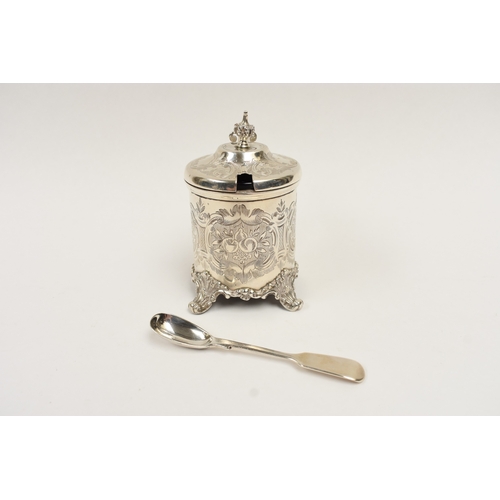 5012 - A William Evans silver lidded mustard/preserve pot with blue glass liner, engraved fruit, berry and ... 