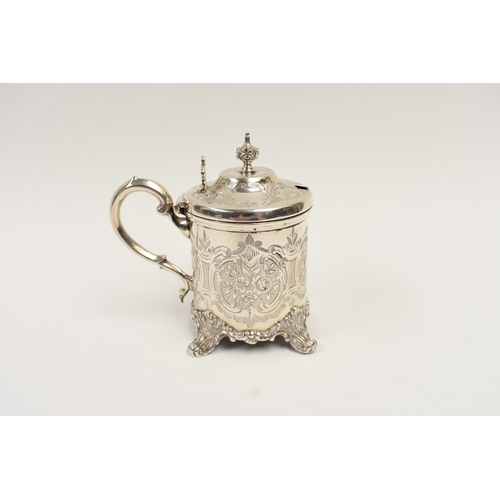 5012 - A William Evans silver lidded mustard/preserve pot with blue glass liner, engraved fruit, berry and ... 