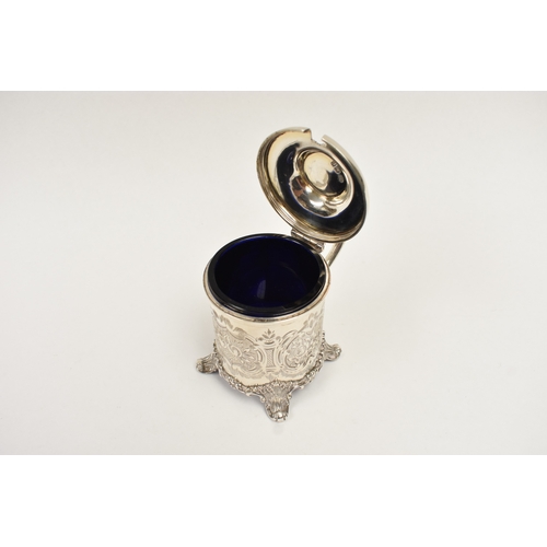 5012 - A William Evans silver lidded mustard/preserve pot with blue glass liner, engraved fruit, berry and ... 