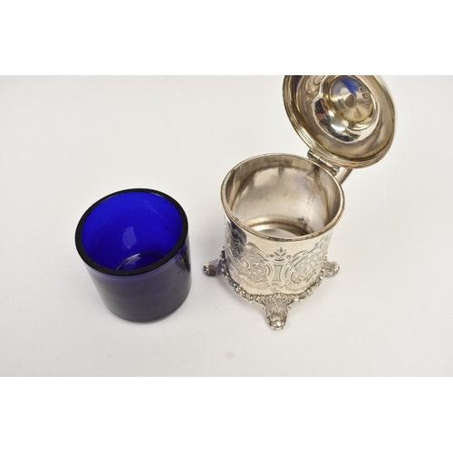 5012 - A William Evans silver lidded mustard/preserve pot with blue glass liner, engraved fruit, berry and ... 