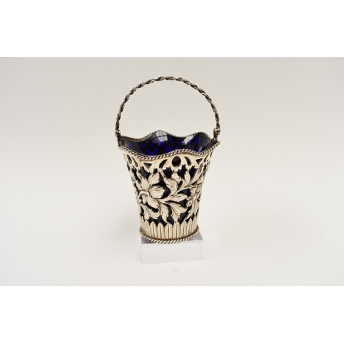 5010 - A George Fox silver sugar basket, the pierced body with floral detail, monogrammed cartouche, blue g... 