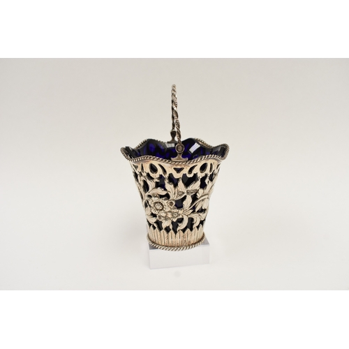 5010 - A George Fox silver sugar basket, the pierced body with floral detail, monogrammed cartouche, blue g... 