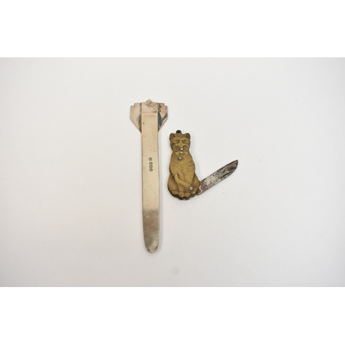 5059 - A novelty brass cat folding knife and silver William Hutton & Sons bookmark 